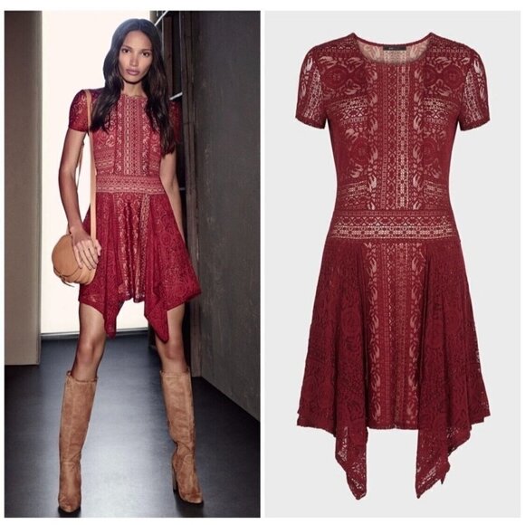BCBG Maxazaria Sz S Cranberry Red Stretch Lace Asymmetrical Handkerchief Dress - Picture 1 of 15